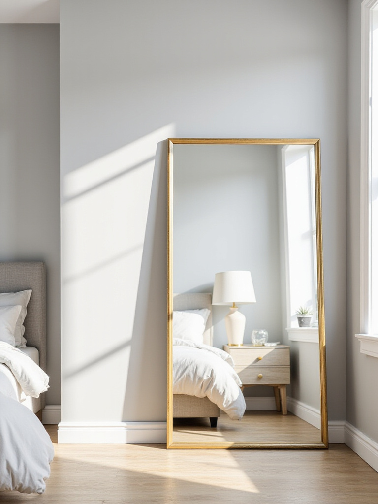 Modern bedroom with a full-length mirror reflecting light and space