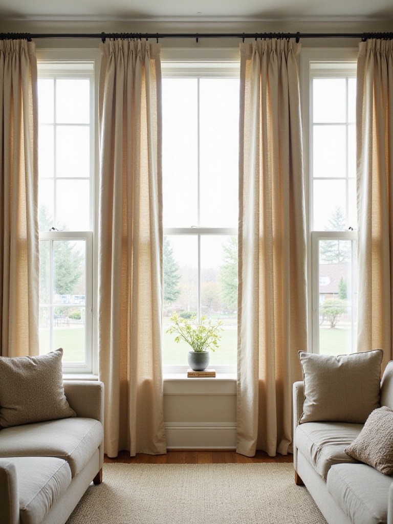 Living room windows showcasing different levels of curtain fullness: 2x, 2.5x, and 3x.