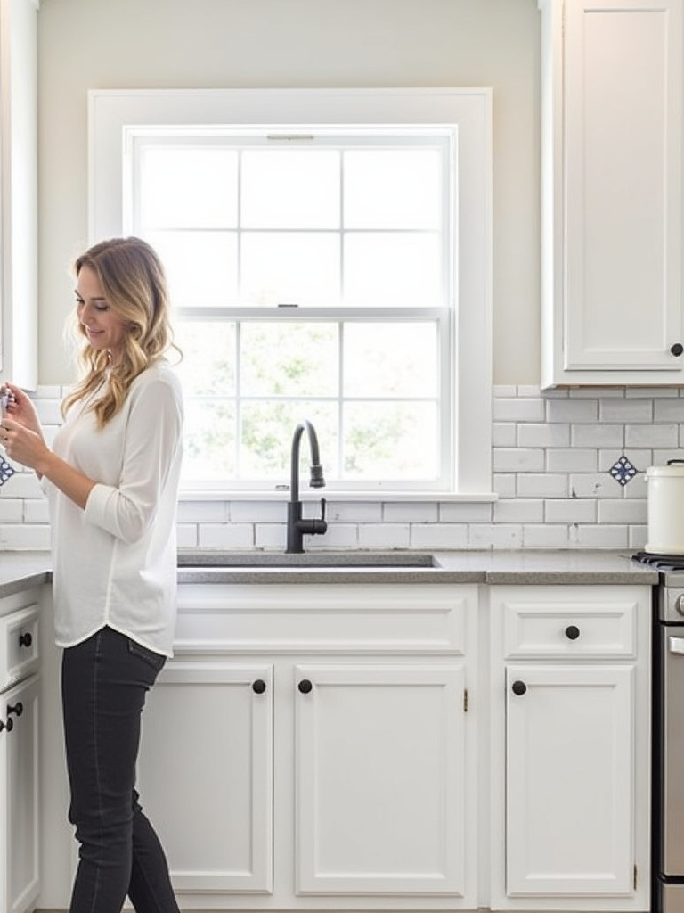 Woman updating kitchen cabinet hardware and backsplash, showcasing the versatility of white cabinets