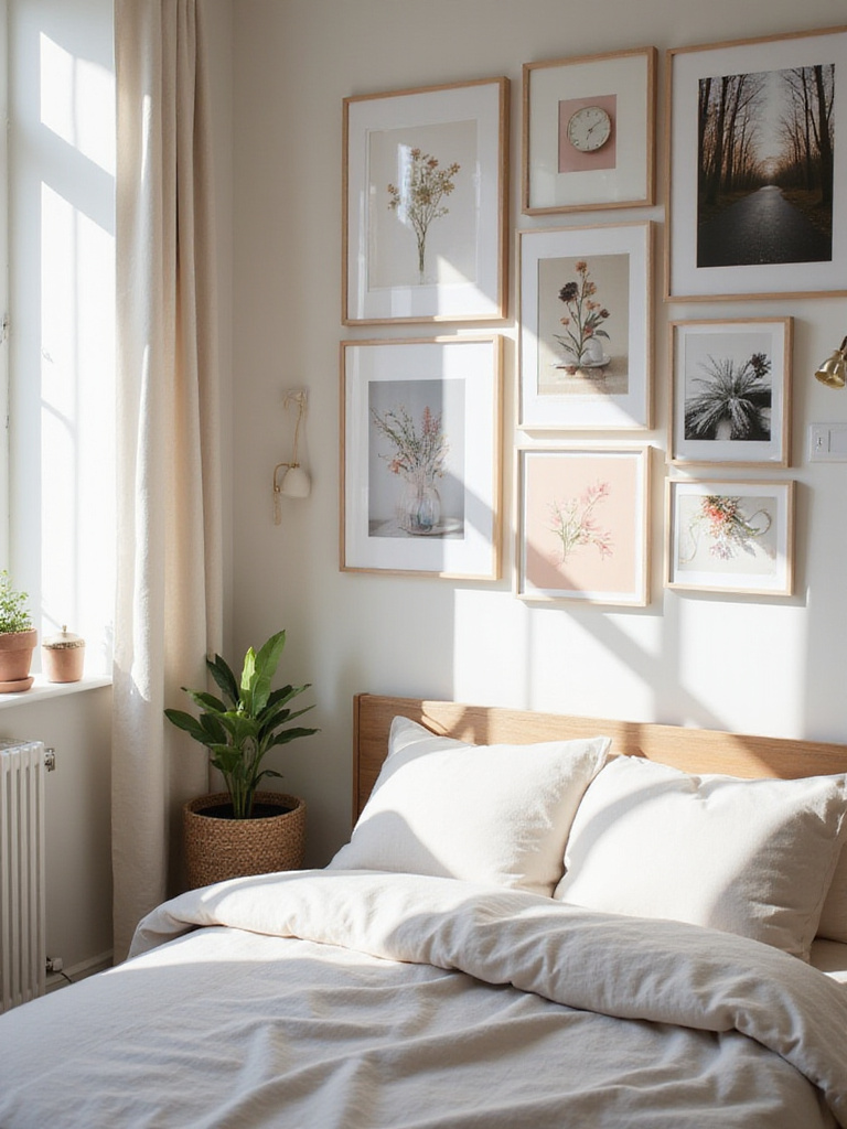 Apartment bedroom with a gallery wall above the bed featuring a mix of framed art and photographs.
