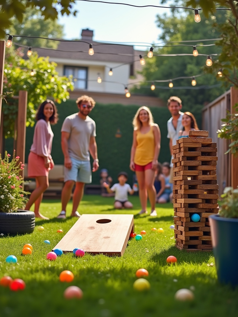 Family and friends playing DIY backyard games on a budget, including cornhole and giant Jenga.