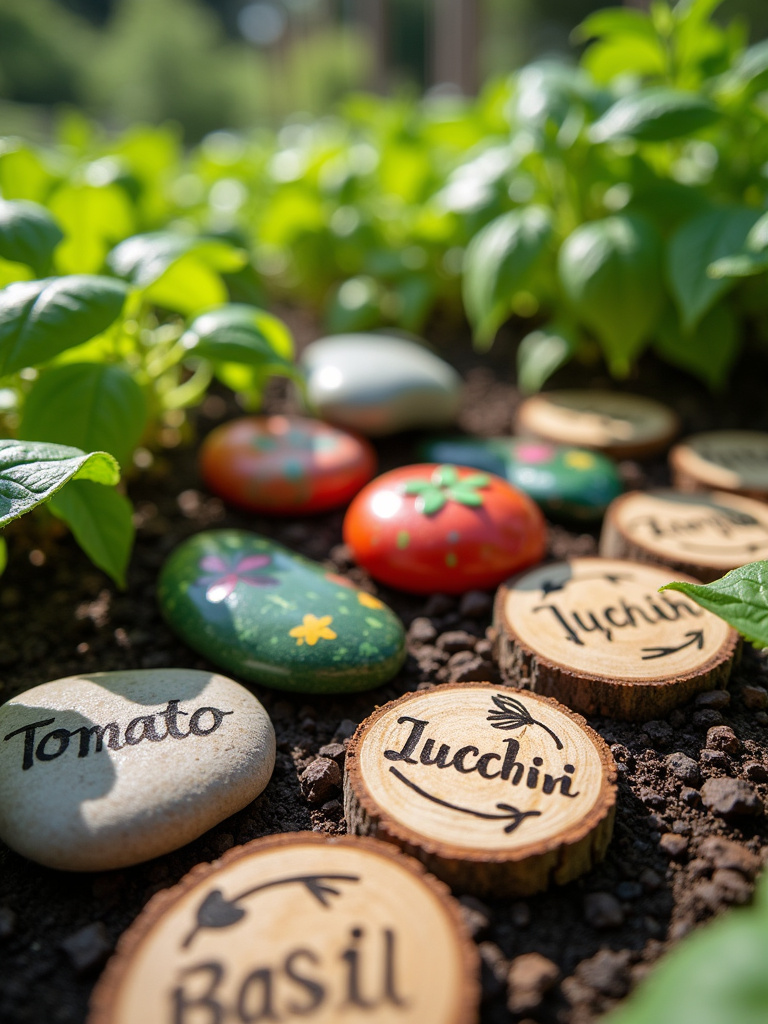 Handmade garden markers made from painted stones and etched wood slices labeling plants in a vegetable garden.