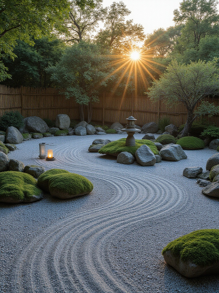 Zen garden with raked gravel, rocks, and bamboo fence