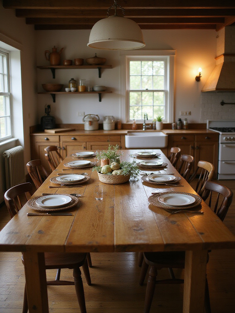 Large farmhouse table set for a meal in a cozy farmhouse kitchen.