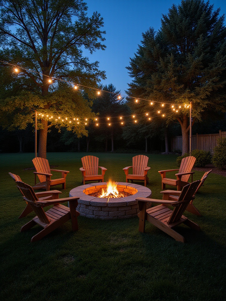 Inviting lawn garden with a stone fire pit and Adirondack chairs for outdoor gatherings
