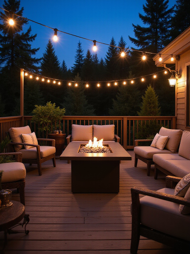 Cozy deck with modern fire table and comfortable seating