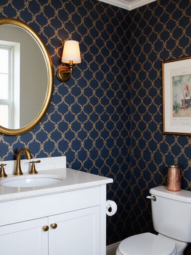 Modern glam bathroom with navy blue and gold geometric hexagon wallpaper accent wall