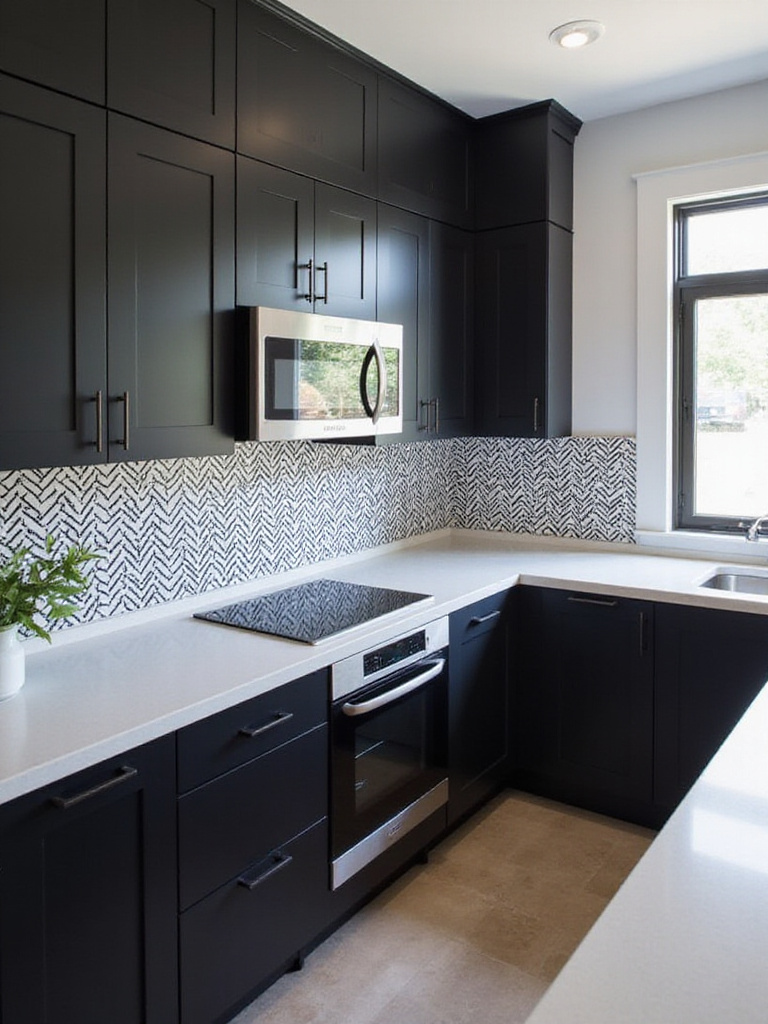 Black kitchen with black and white geometric patterned backsplash