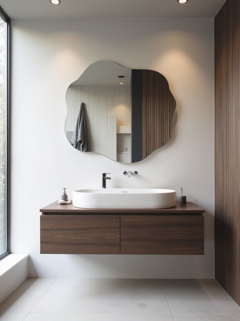Modern bathroom with asymmetrical mirror above a floating vanity.