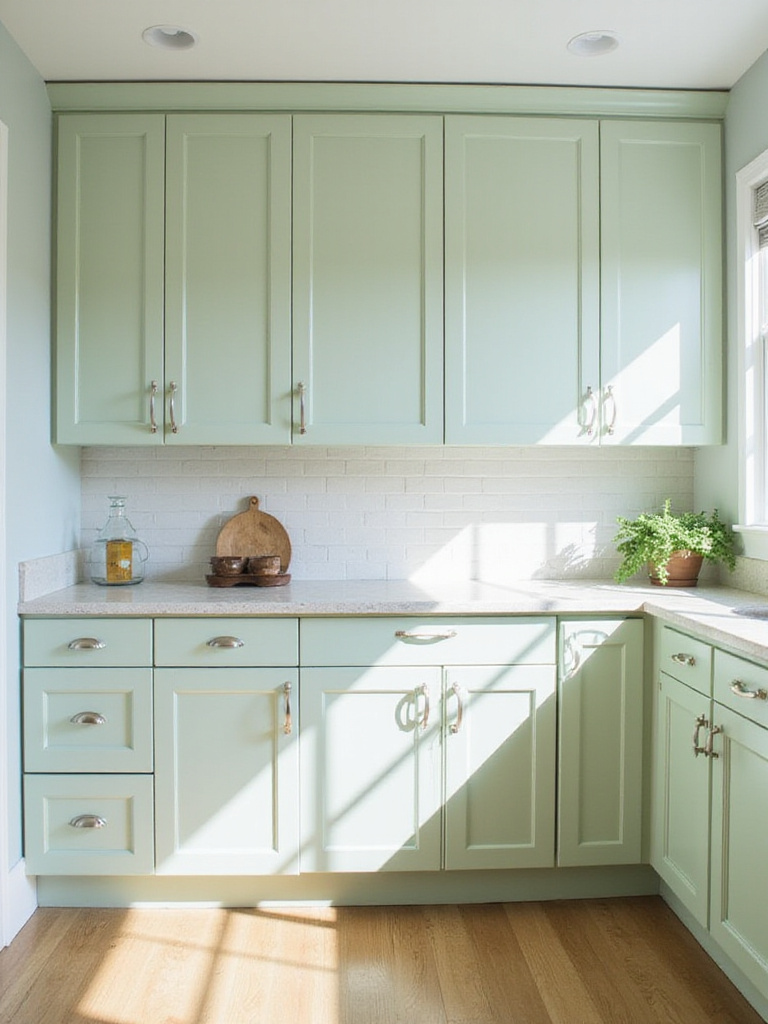 Kitchen cabinets freshly painted light sage green with brushed nickel hardware