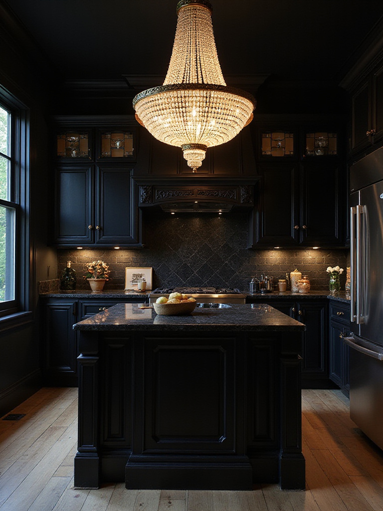 Black kitchen with crystal chandelier focal point
