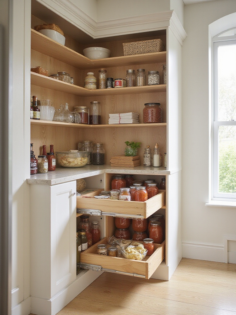 Organized pantry with light wood pull-out shelves displaying various food items.