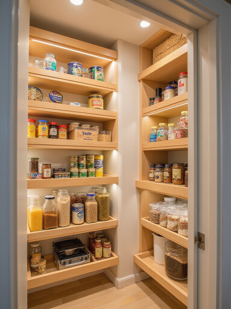 Pull-out shelves in a well-organized kitchen pantry.