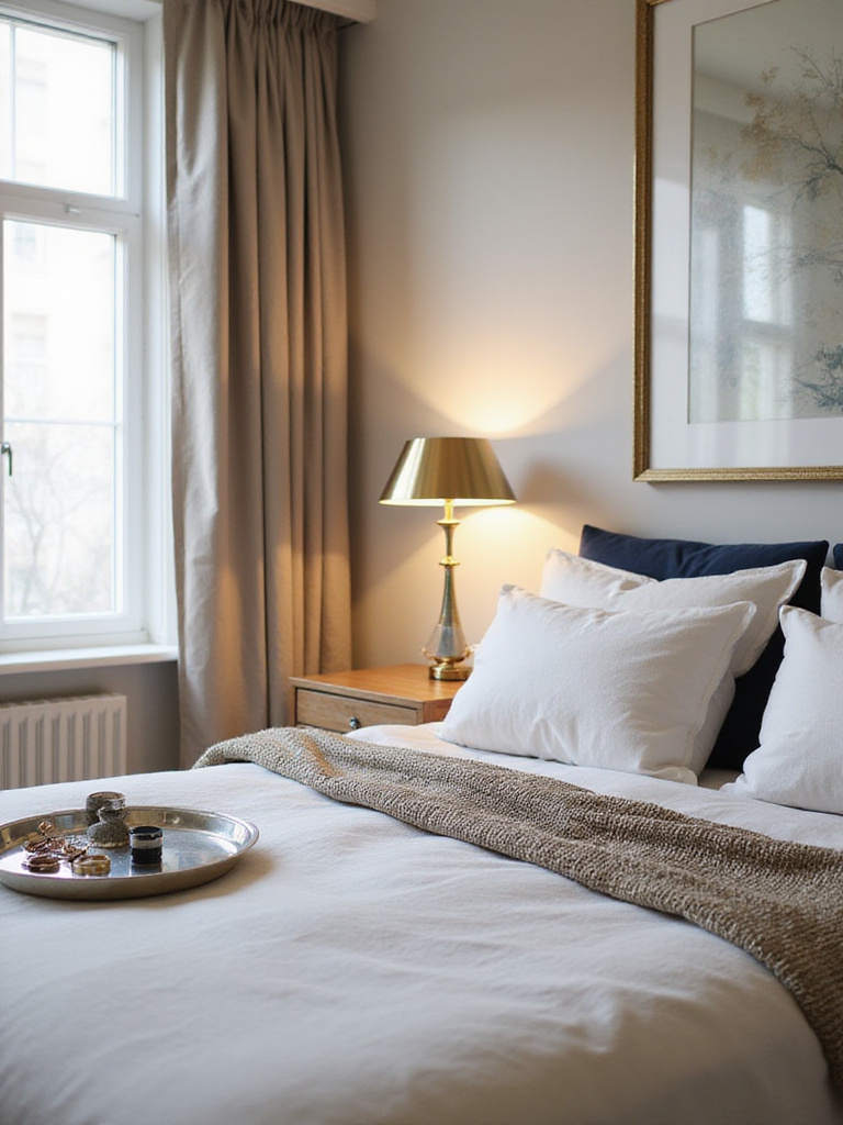 Apartment bedroom decor with metallic gold and silver accents for a sophisticated look