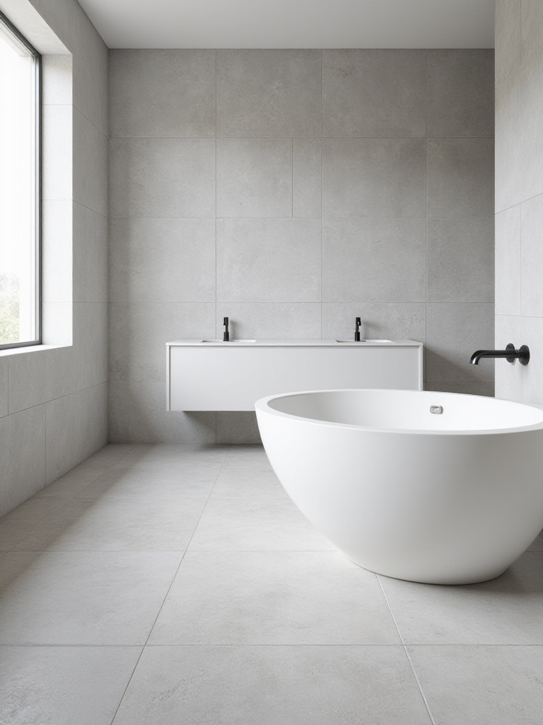 Modern bathroom featuring large format gray porcelain tiles on floor and walls, creating a seamless and minimalist aesthetic.