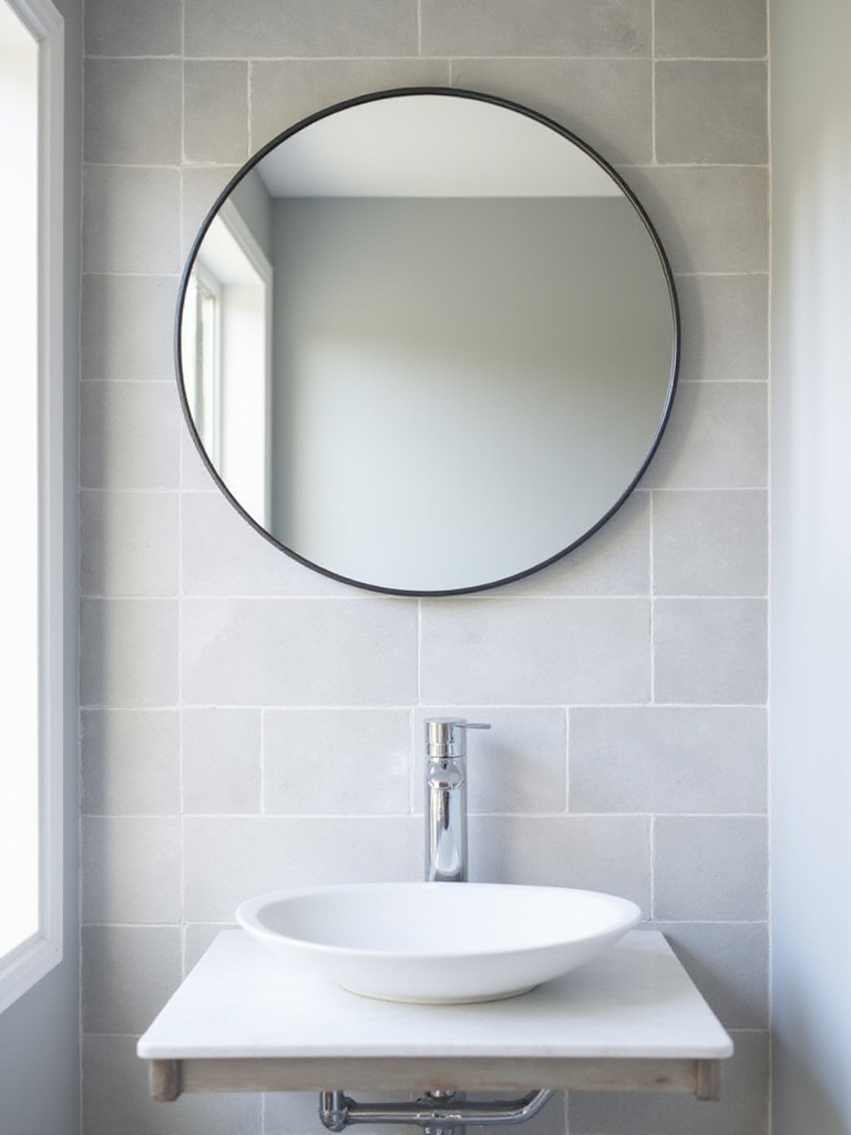 Modern bathroom with large round frameless mirror above white floating vanity