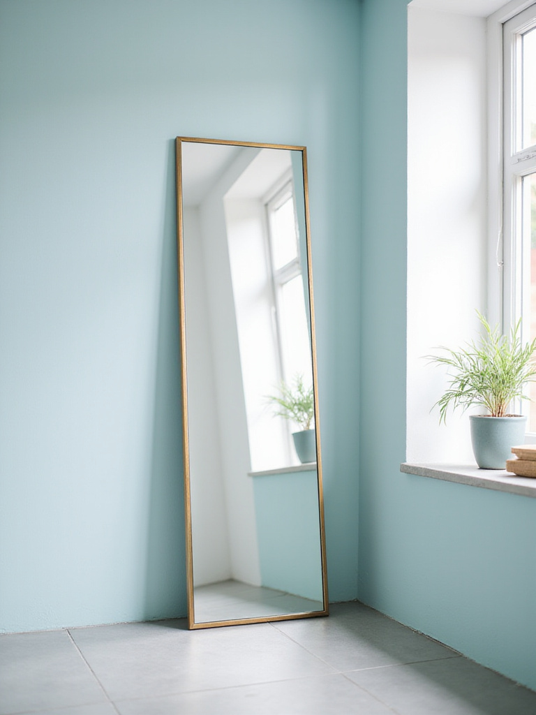 Modern bathroom with a full-length floor-standing mirror reflecting the space.