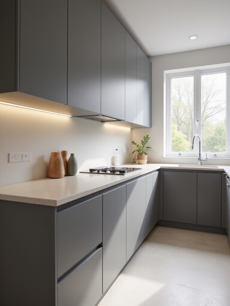 Modern kitchen featuring minimalist chic, handleless flat-panel cabinets in matte gray.