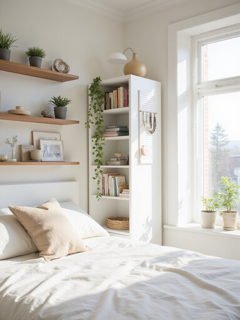 Small apartment bedroom with vertical wall storage solutions including floating shelves, bookcase, and pegboard.