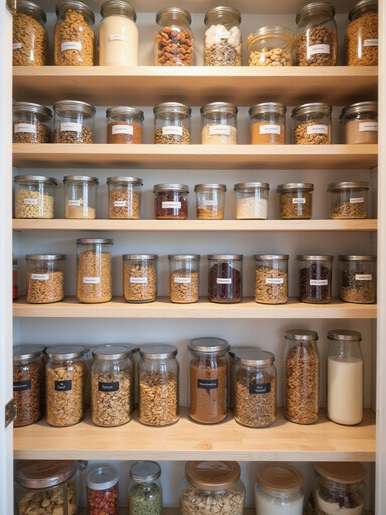 Organized pantry shelves with grab-and-go snack containers at eye level.