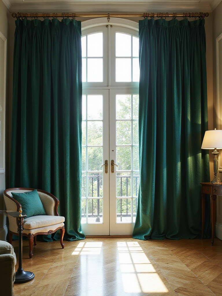 Luxurious living room with emerald green velvet floor-to-ceiling curtains