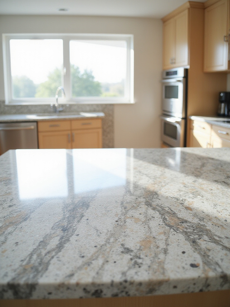 Modern kitchen with granite countertops and light wood cabinetry.