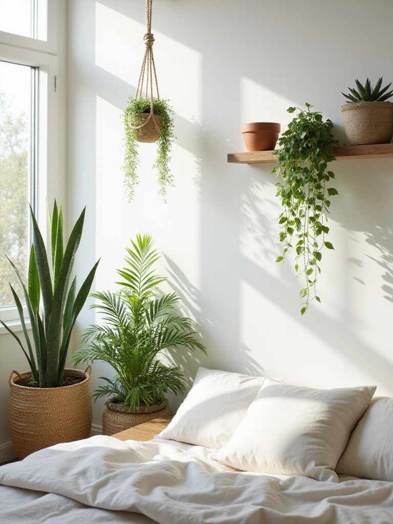 Apartment bedroom with indoor plants, creating a green oasis.