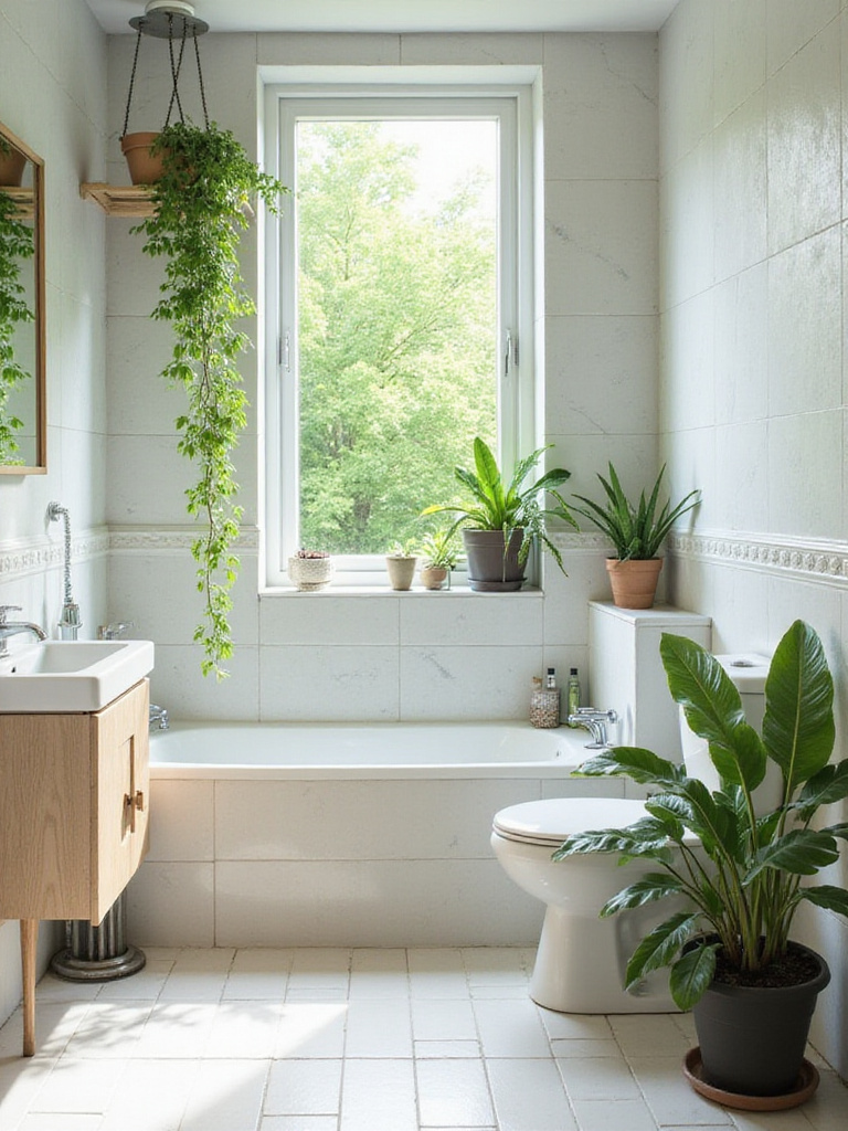 Bathroom with natural light, green plants, and light-colored tiles.