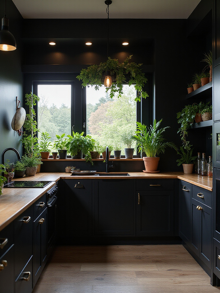 Black kitchen with potted plants and herbs on countertops and shelves, adding natural color and texture to the space.