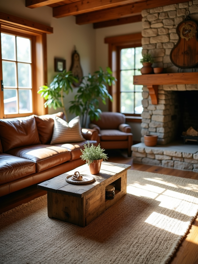 Rustic living room featuring a jute rug layered with a wool rug, leather sofa, and stone fireplace.