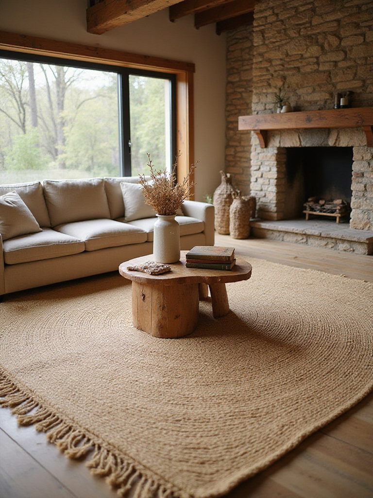 Rustic living room with a large woven jute rug anchoring the space