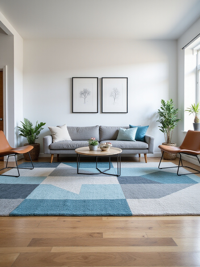 Modern living room with geometric rug defining the seating area