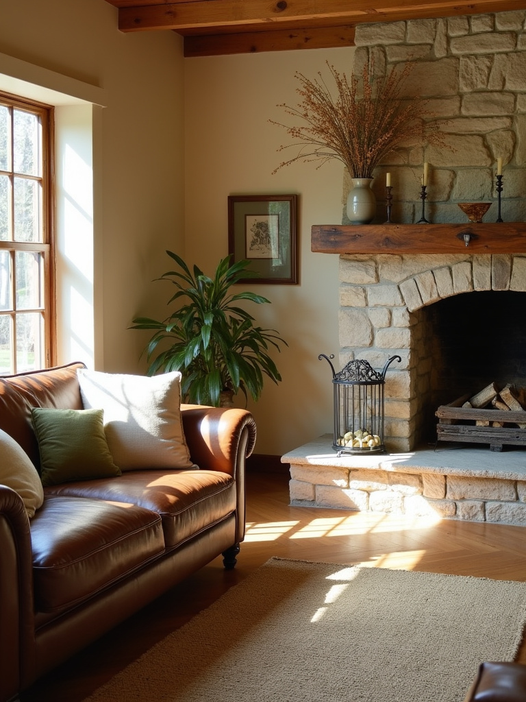 Rustic living room with earthy color palette featuring brown leather sofa, beige walls, and natural fiber rug.
