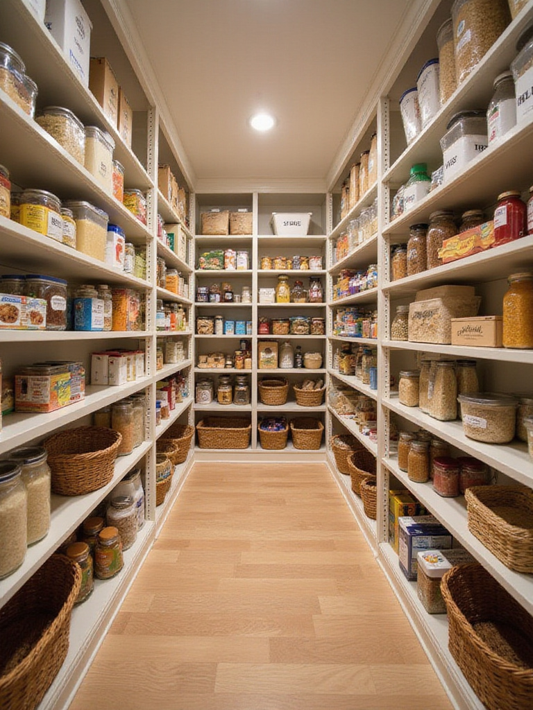 Well-organized pantry with clear containers and labeled categories for easy access to groceries.