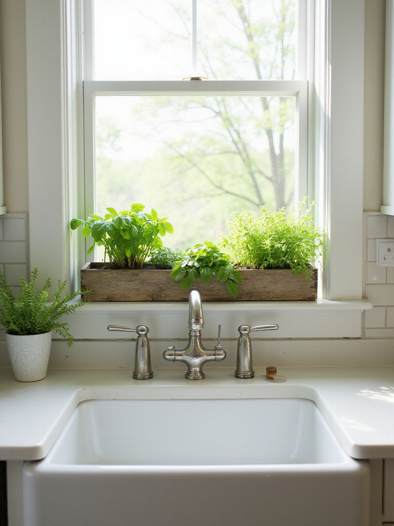 Farmhouse kitchen window box overflowing with fresh herbs