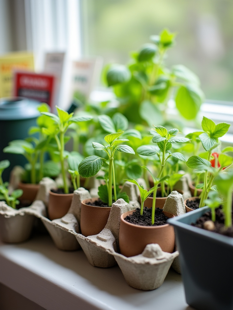 Budget-friendly backyard gardening: Seedlings growing in recycled containers.