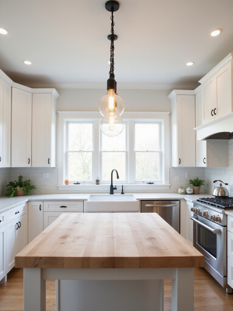 Modern farmhouse kitchen with white cabinets, butcher block island, and black industrial pendant lights.