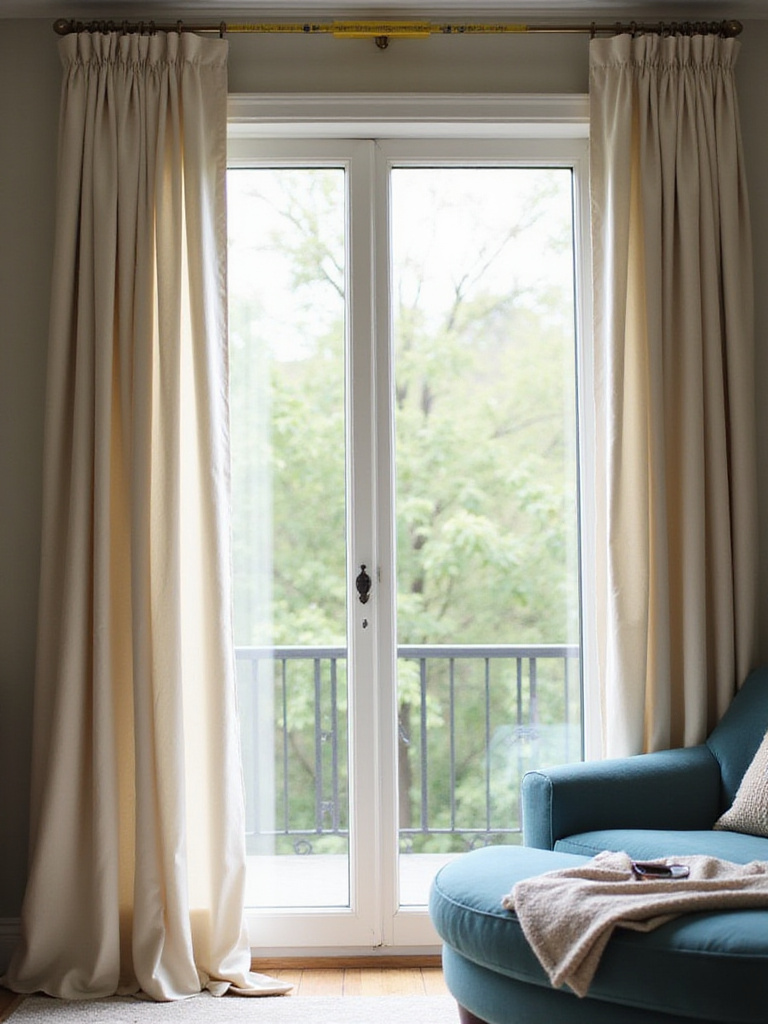 Curtain rod being installed with a level in a living room to hang new curtains.