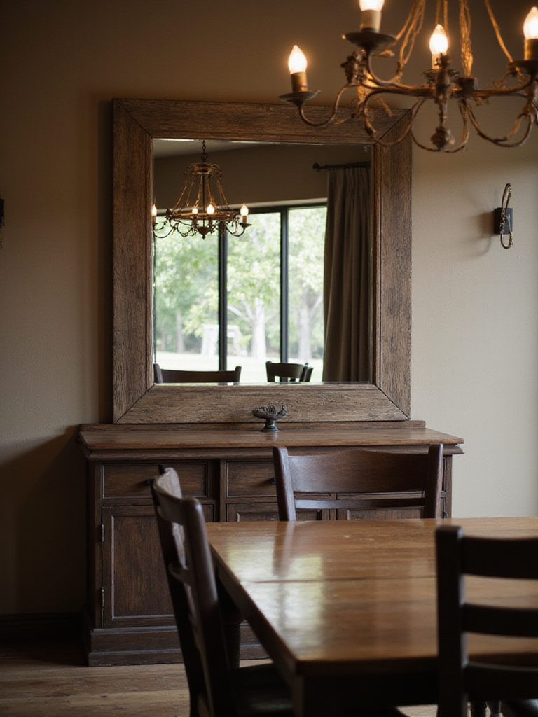 Rustic dining room with a large wood-framed mirror reflecting natural light and greenery.