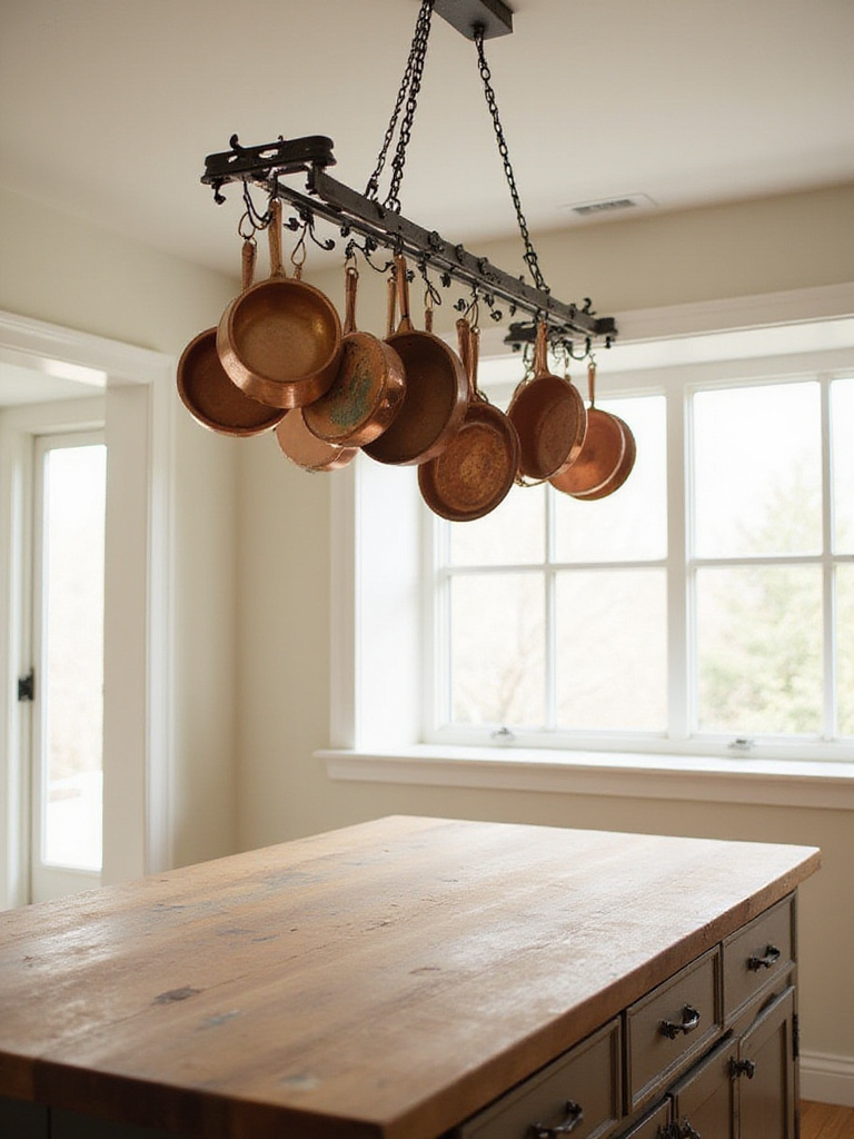 Copper pots and pans hanging from a wrought iron pot rack above a kitchen island in a modern farmhouse kitchen.