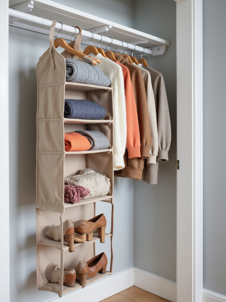 Hanging closet organizer with shelves for sweaters and pockets for shoes in a well-organized closet.