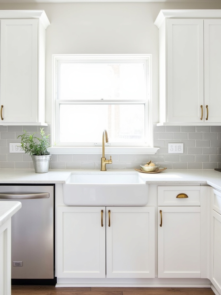 White kitchen cabinets with contrasting matte black pulls and brushed gold knobs.