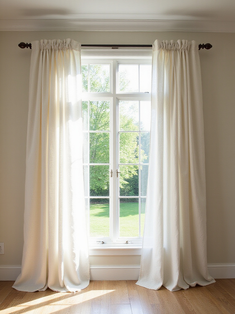 Living room with linen curtains on a bronze curtain rod with spherical finials.