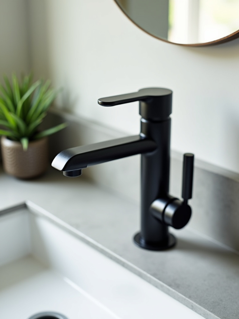 Modern matte black bathroom faucet on a light grey countertop