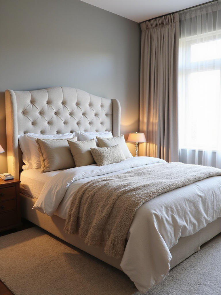 Cozy bedroom with a tall, tufted linen headboard and layered bedding.