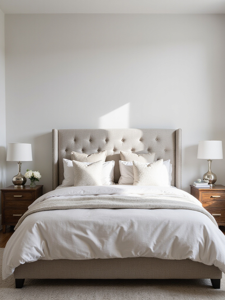 Apartment bedroom with upholstered headboard and neutral decor