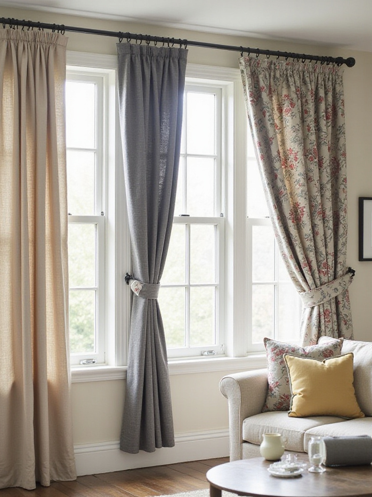 Three different curtain header styles: pinch pleat, grommet, and rod pocket in a living room