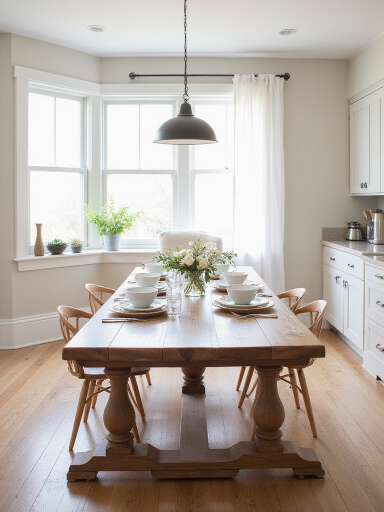 Welcoming kitchen dining table set for a family meal in a bright and airy kitchen.