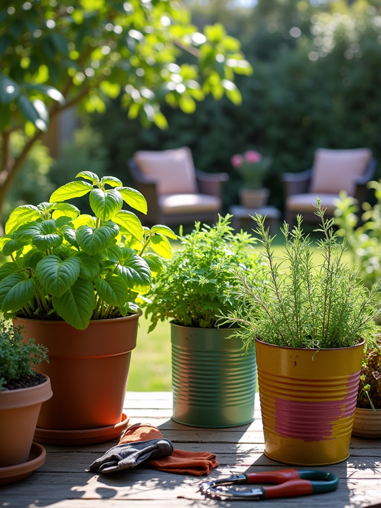 Thriving herb garden in repurposed containers on a sunny backyard patio.