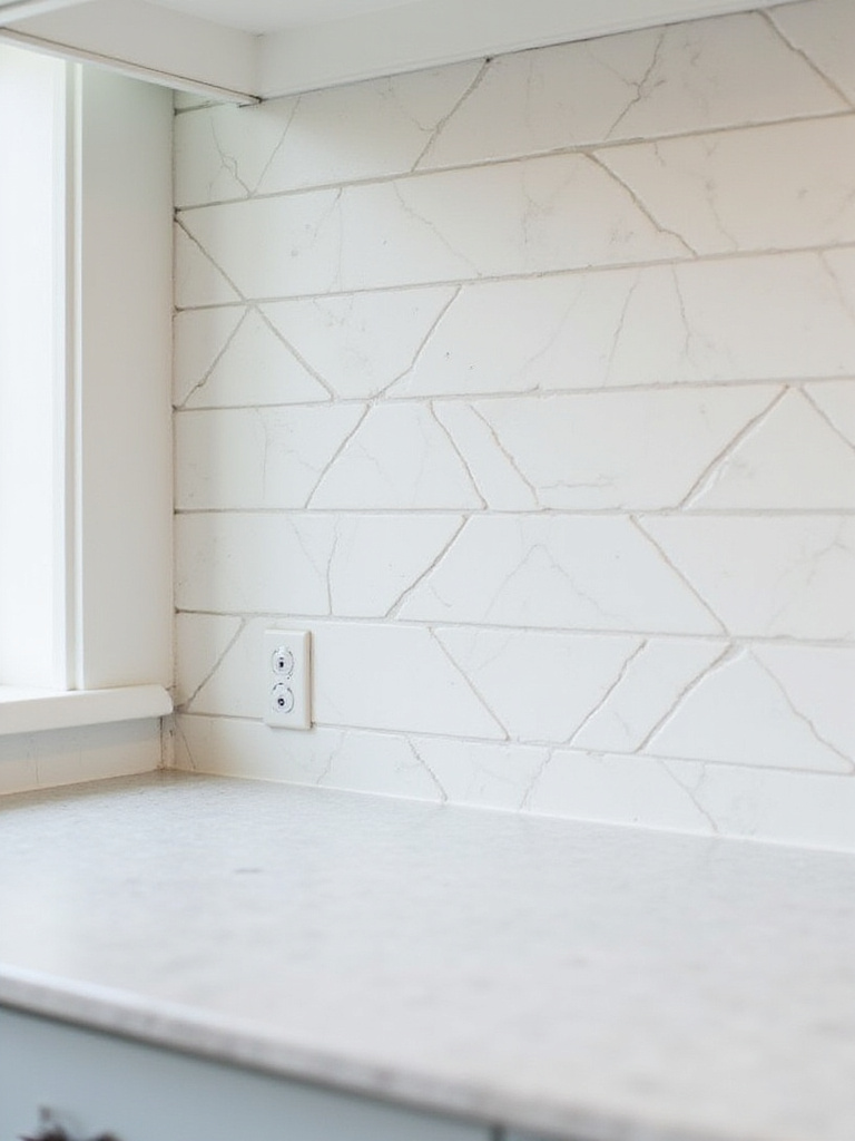 White subway tile herringbone backsplash with light gray grout and light gray quartz countertop.